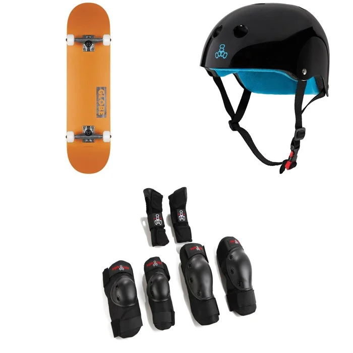 Globe Goodstock Skateboard Complete ​+ Triple 8 The Certified Sweatsaver Skateboard Helmet ​+ Saver Series High Impact Skateboard Pad Set