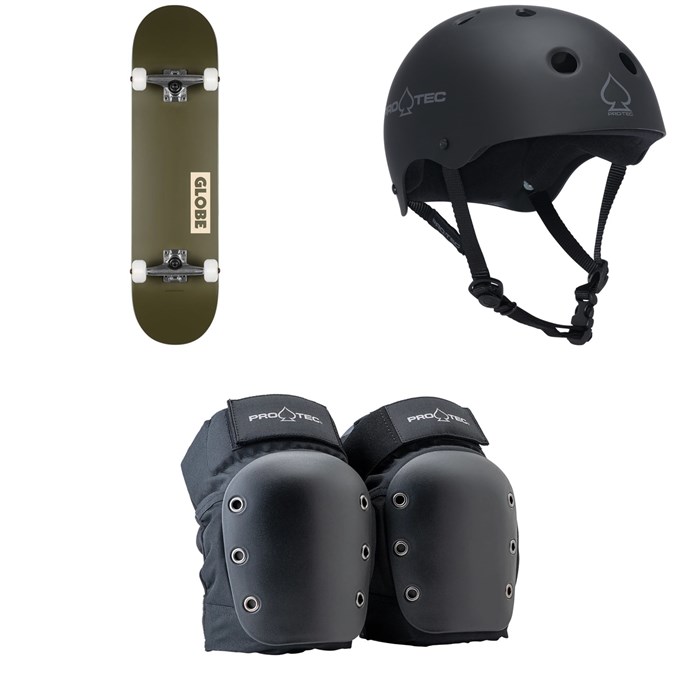 Globe Goodstock Skateboard Complete ​+ Pro-Tec The Classic Certified EPS Skateboard Helmet ​+ Street Open Back Skateboard Knee Pads